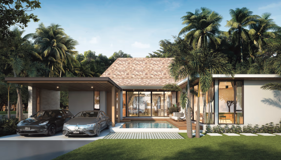 Exterior shot of a 2-bedroom villa in Thalang, featuring a private pool.