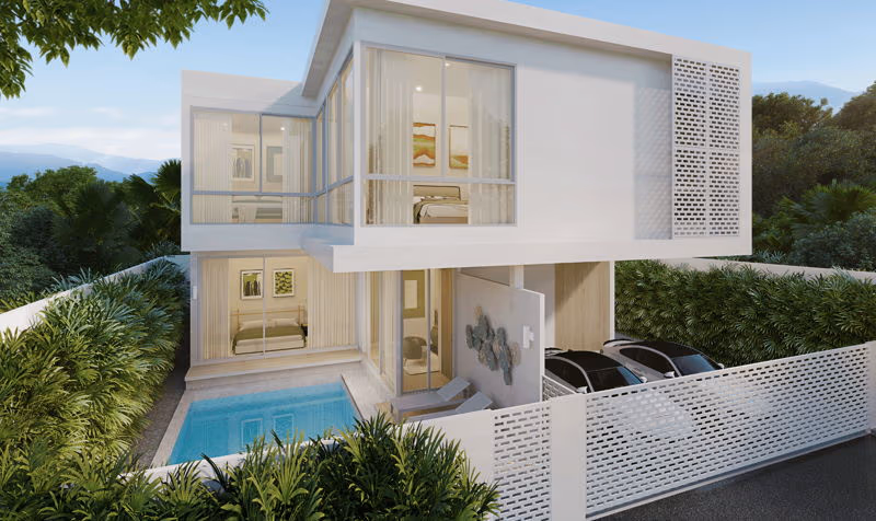 Exterior shot of a 4-bedroom villa in Cherngtalay, featuring a private pool and modern architectural design.