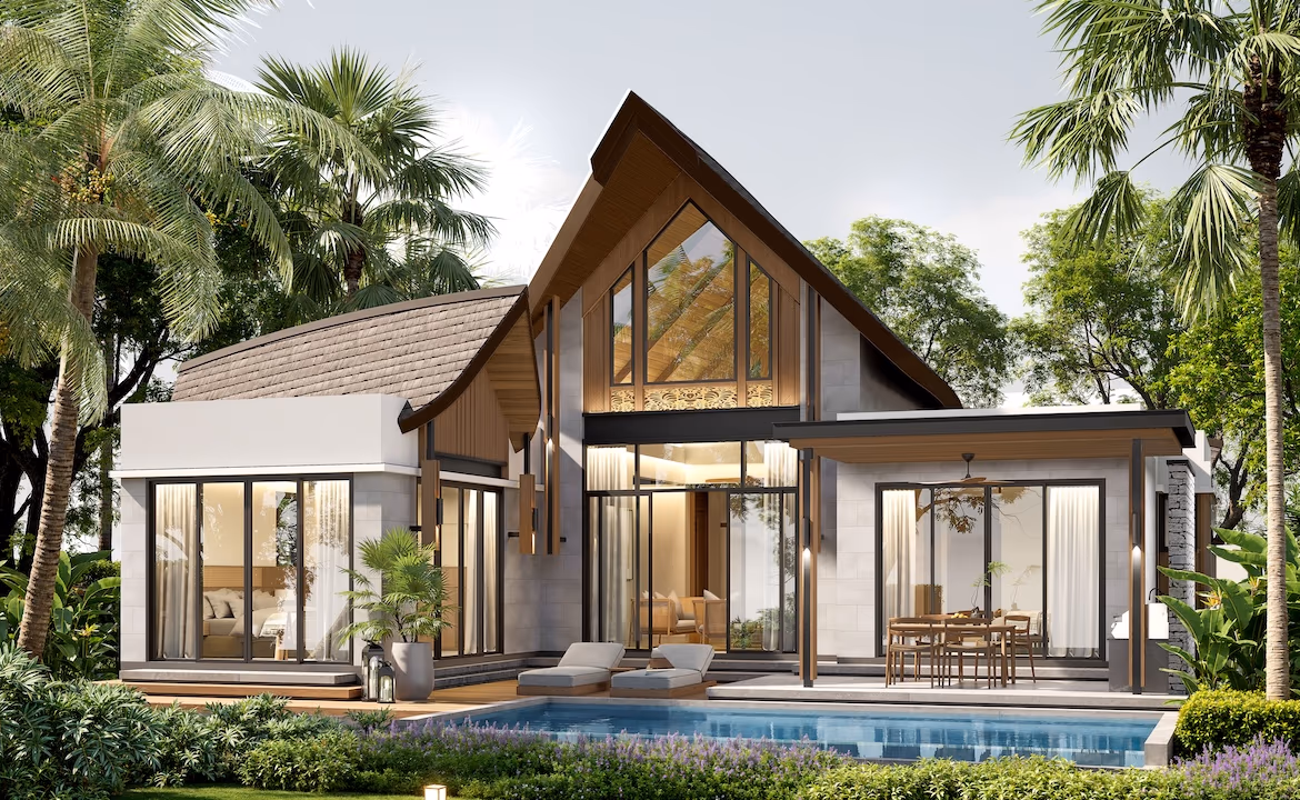 A modern, open-plan living area with large windows.