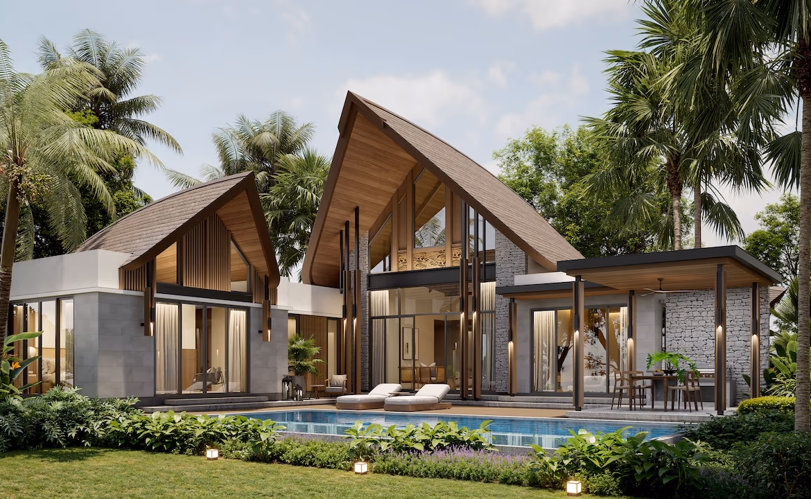 An outdoor living area features a sofa, chairs, and a coffee table next to a swimming pool.