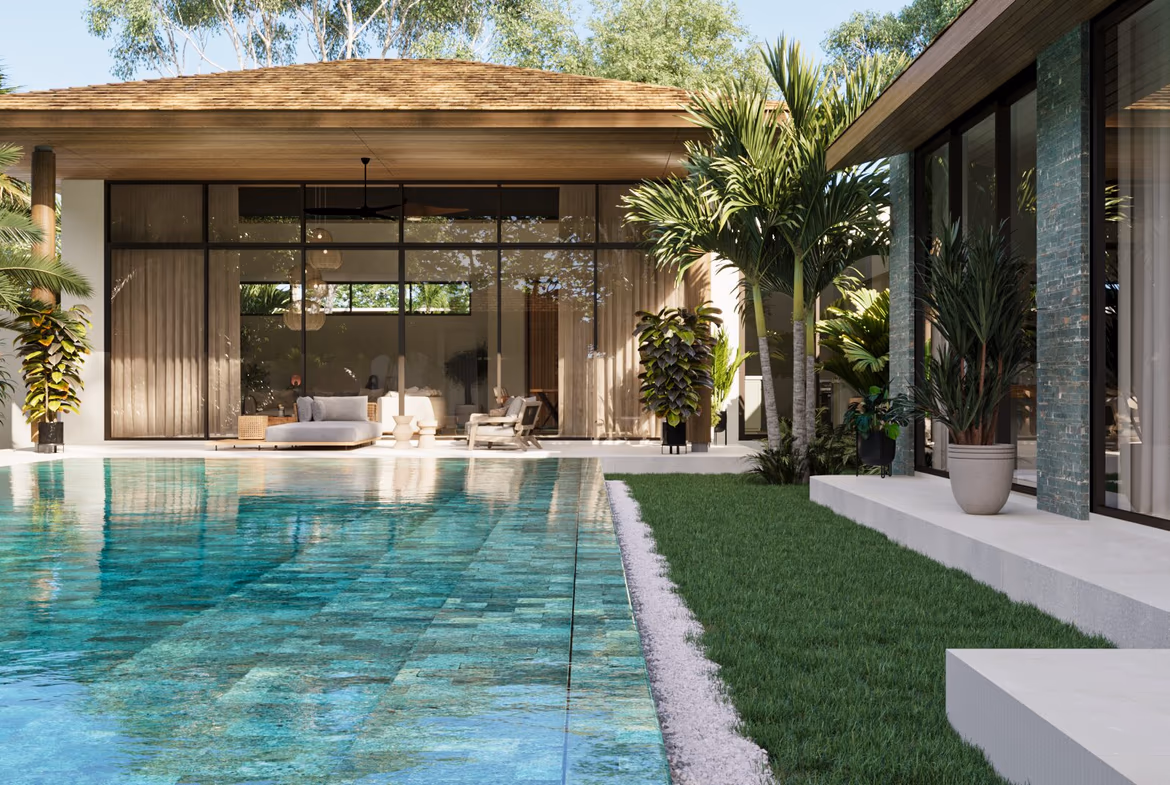 A modern swimming pool with a covered patio and lounge chairs.