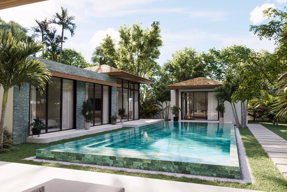 A modern swimming pool with a tiled patio and loungers.