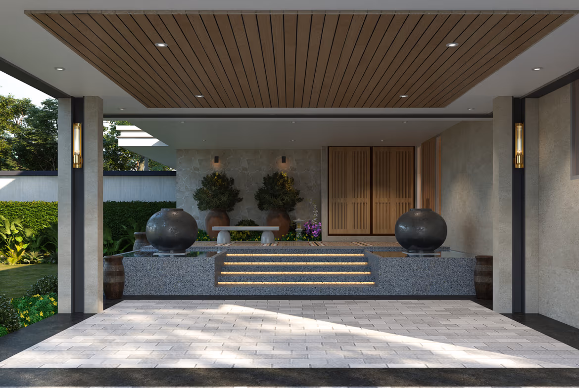 A spacious outdoor living area with a large swimming pool and several lounge chairs.