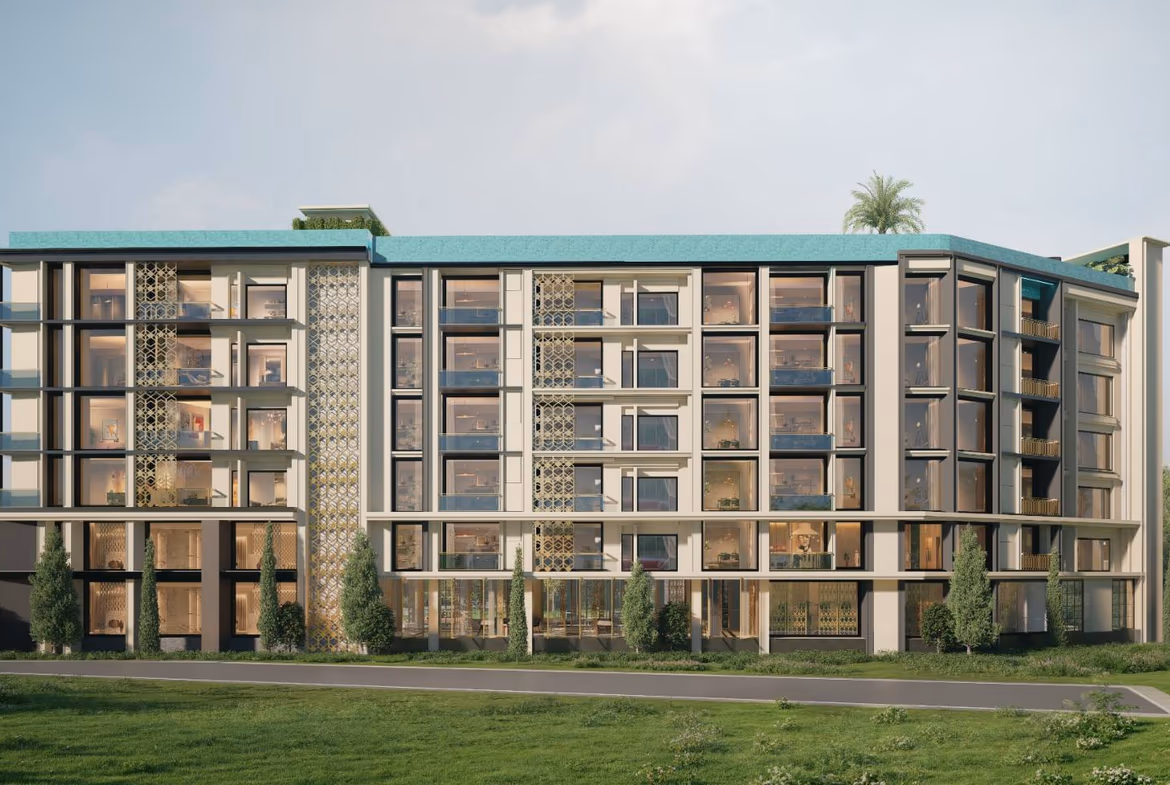 Modern six-story residential building with glass balconies, decorative screens, and a turquoise ribbon roof, set in a landscaped area.