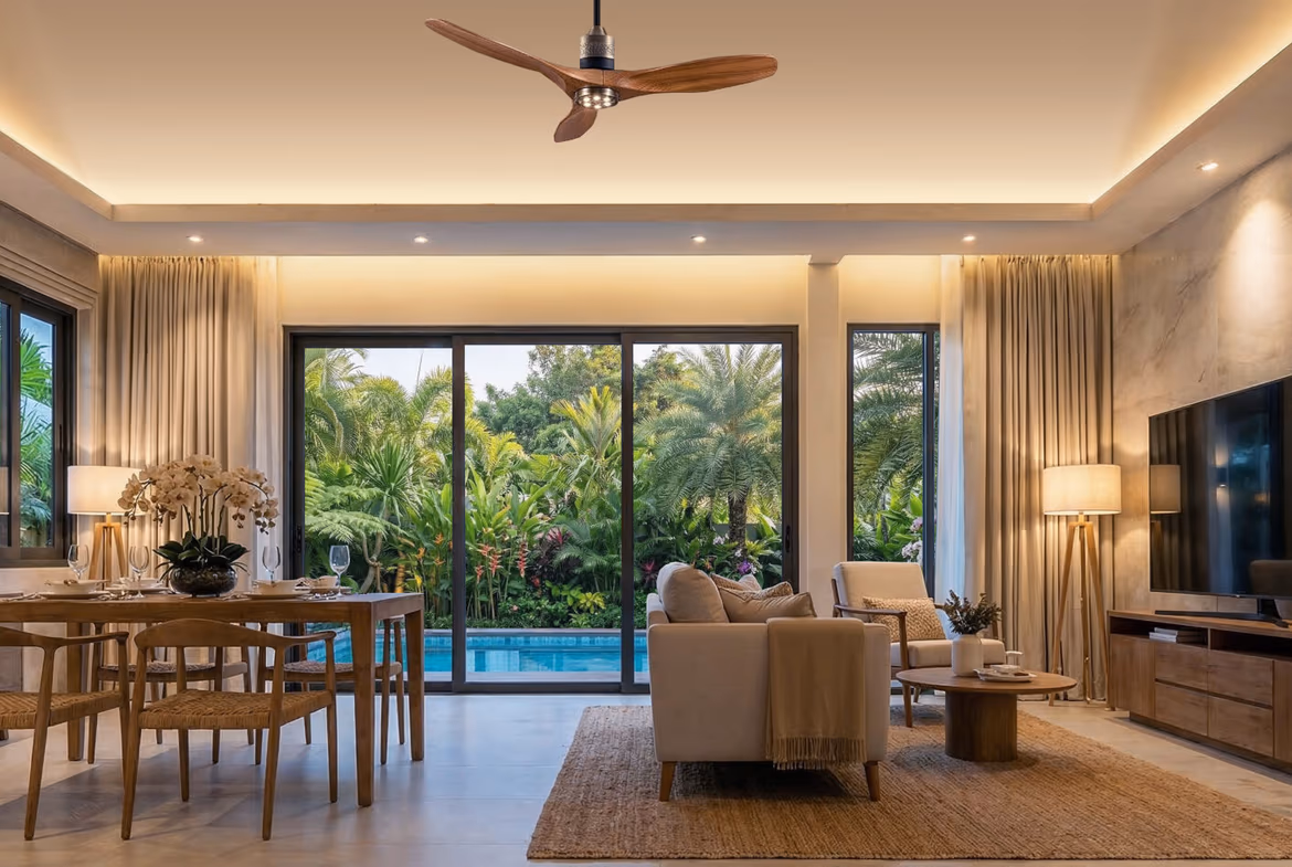Spacious living and dining area with large glass doors opening to a lush tropical garden and pool outside, warm lighting, and modern wooden furniture.