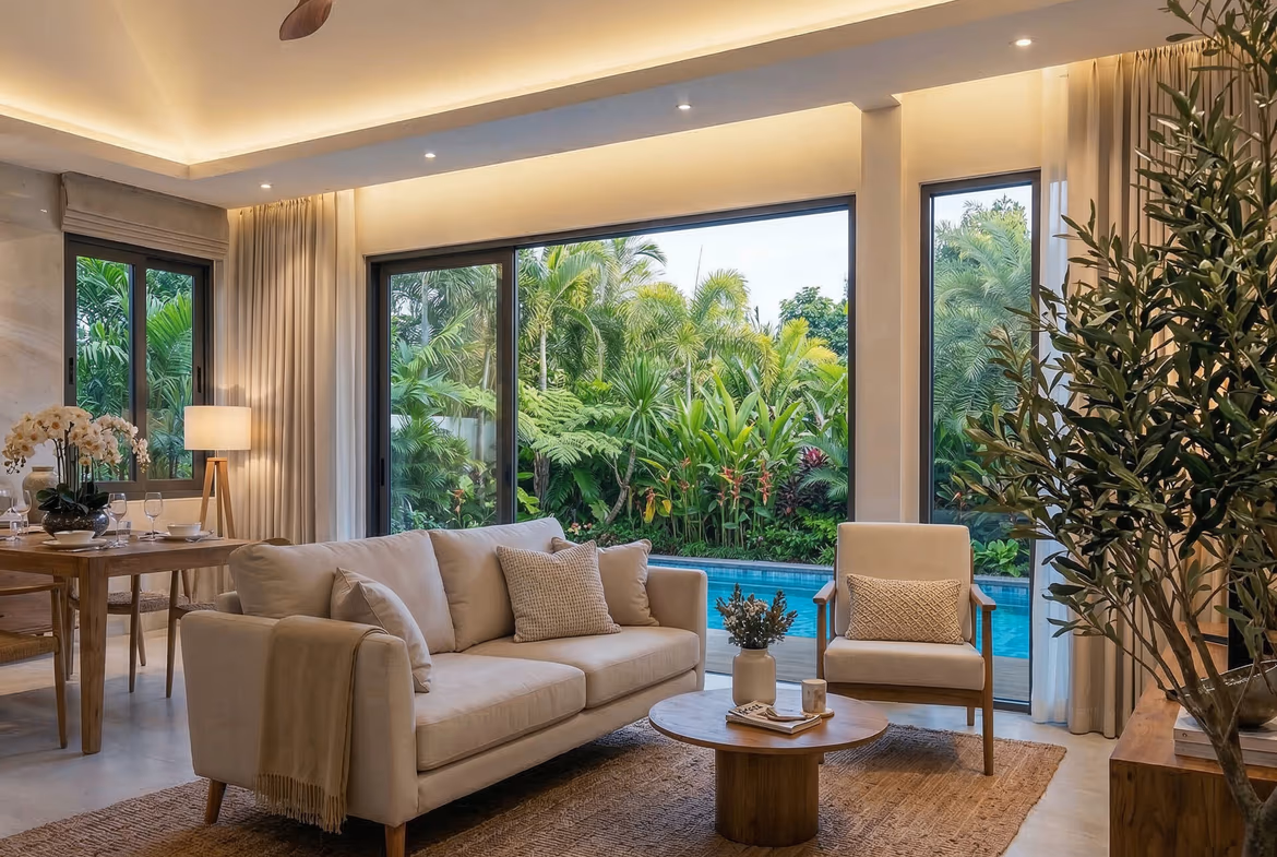 Open-plan living room with a beige sofa, wooden coffee tables, and large windows looking out to a lush garden with warm ambient lighting.