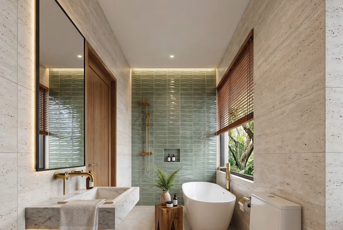 Modern bathroom with beige stone walls, a freestanding white tub, and a double marble sink with brass fixtures.