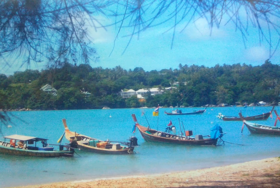 Turquoise bay with several colorful fishing boats tied near a sandy beach; lush green hills and houses in the distance under a blue sky.